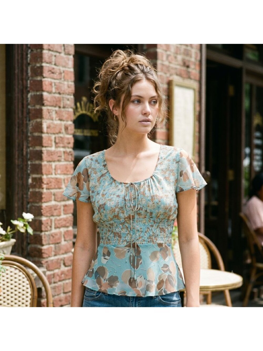 Vintage Y2K Fairycore Boho Sheer Teal Floral Silk Beaded Tie Front Peplum Top M